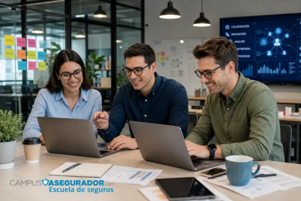 Profesionales con gafas operando computadoras portátiles en oficina moderna para procesos de colaboración tecnológica.