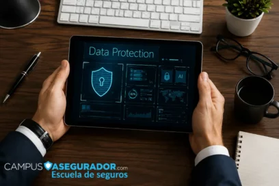 Persona sosteniendo tablet con interfaz de ciberseguridad y Data Protection en escritorio profesional de seguros.