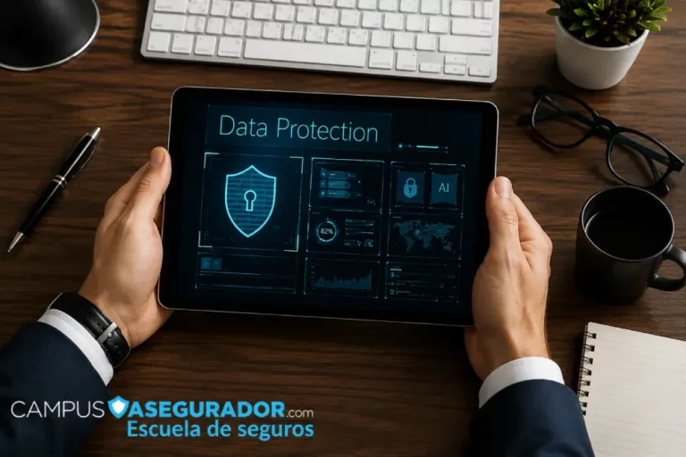 Protección de Datos para Profesionales del Seguro Persona sosteniendo tablet con interfaz de ciberseguridad y Data Protection en escritorio profesional de seguros.