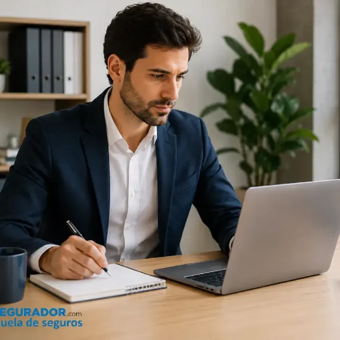 Profesional realizando formación obligatoria para distribuidores de seguros y cumplimiento de los requisitos de certificación.