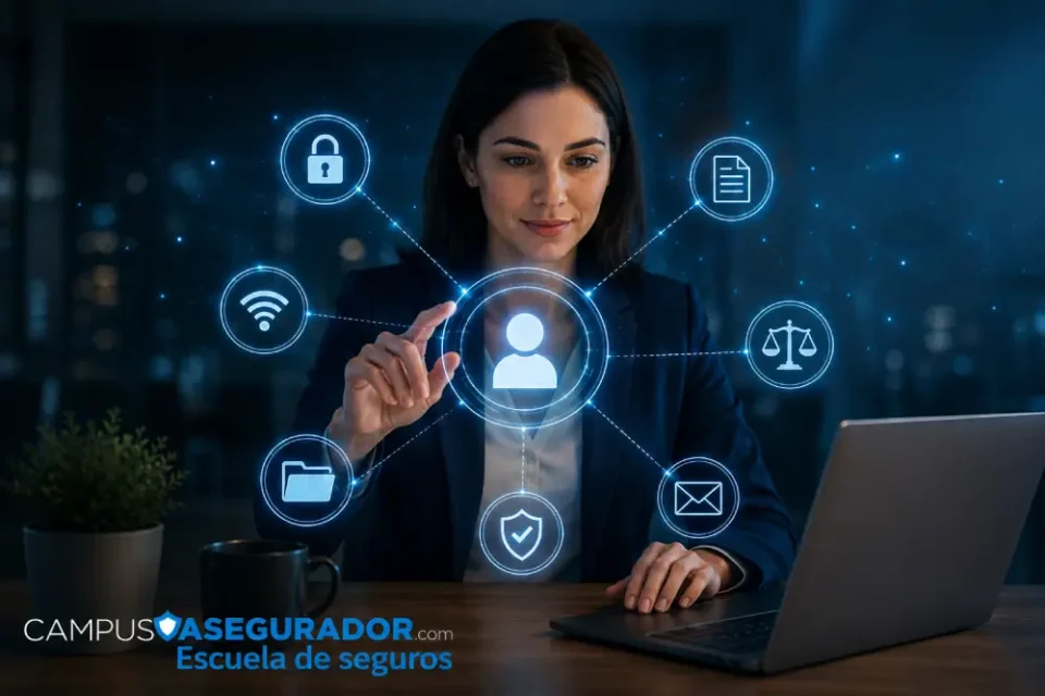 Profesional interactuando con una interfaz digital de privacidad, seguridad y protección de datos, representando los derechos digitales.