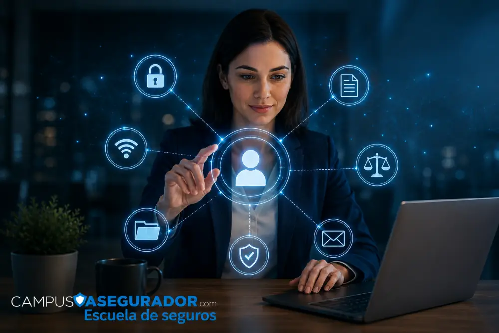 Profesional interactuando con una interfaz digital de privacidad, seguridad y protección de datos, representando los derechos digitales.