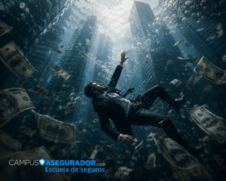 Gestión de Riesgos Financieros y Crisis en Seguros Ejecutivo sumergido entre billetes y rascacielos reflejados. Logotipo corporativo de Campus Asegurador.