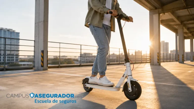 Patinete Eléctrico Urbano: Solución de Movilidad Personal Persona con calzado deportivo blanco sobre patinete eléctrico blanco en parking urbano iluminado por el sol.