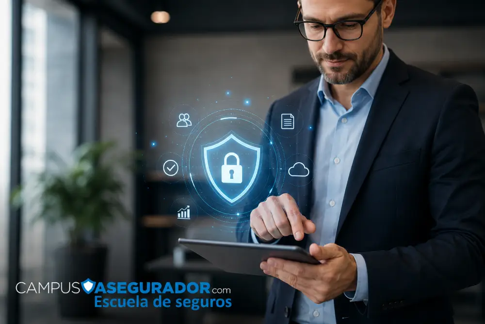 Ciberseguridad y Protección Digital en Seguros Profesional operando tablet bajo icono holográfico de escudo digital y logo Campus Asegurador. Seguridad en sector seguros.