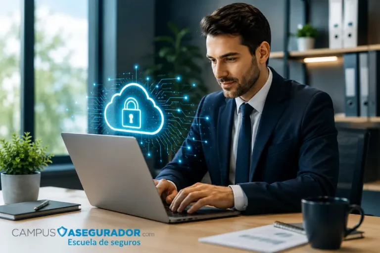 Seguridad en la Nube y Protección de Datos Empresariales Persona en traje usando laptop con interfaz gráfica holográfica de nube protegida por candado y circuitos digitales.