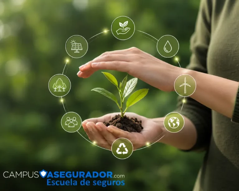 Sostenibilidad y RSC en Seguros: Campus Asegurador Manos protegiendo brote junto a iconos de sostenibilidad y marca Campus Asegurador. Fomenta responsabilidad ambiental.