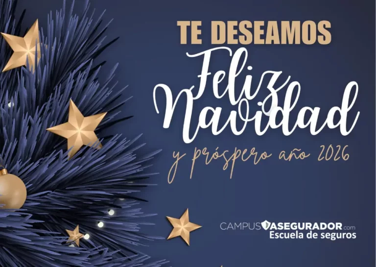 Felicitación Navidad 2026 | Campus Asegurador Felicitación Navidad 2026 Campus Asegurador, ramas pino azul, estrellas doradas y mensaje próspero año nuevo.